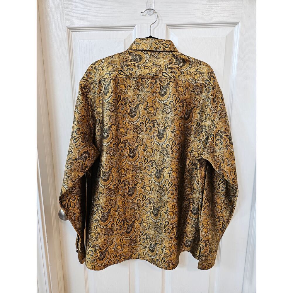 Barry Wang Mens 2XL Gold Black Paisley Silk Blend Button Front Dress Shirt - Picture 2 of 10